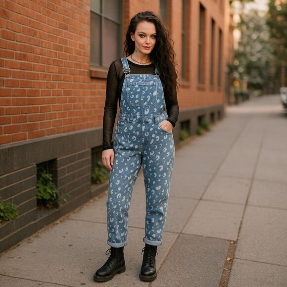 Momokrom Painted Leopard Denim Overalls W/ Adjustable Straps – M/8 NWT - Picture 1 of 8
